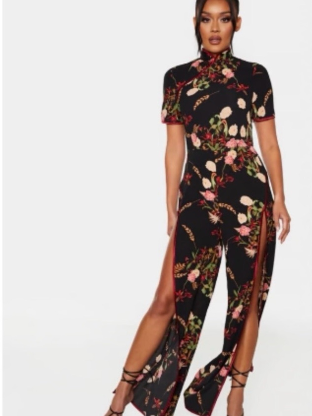 PrettyLittleThing Black Floral Split-Leg Jumpsuit